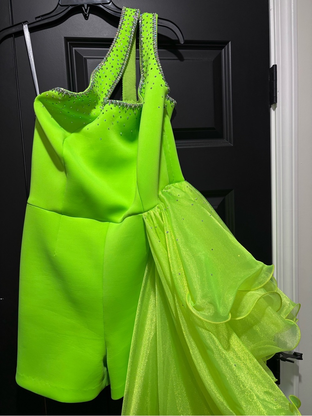 Custom Pageant Fun Fashion Neon One-Shoulder Romper with Draped Train - Picture 4 of 10